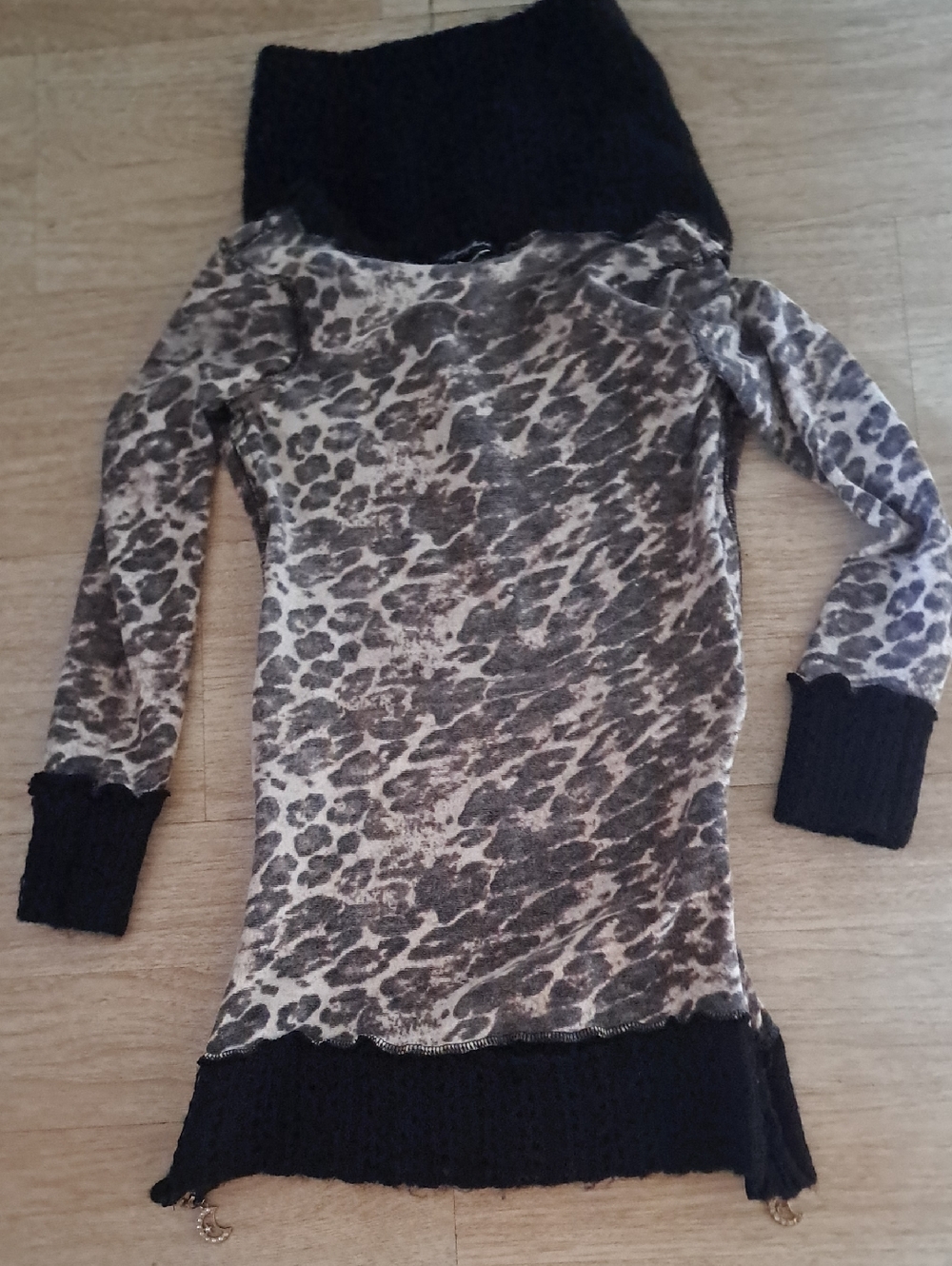 Women's Leopard Print Cowl Neck Sweater - Black & Brown - Picture 10 of 12